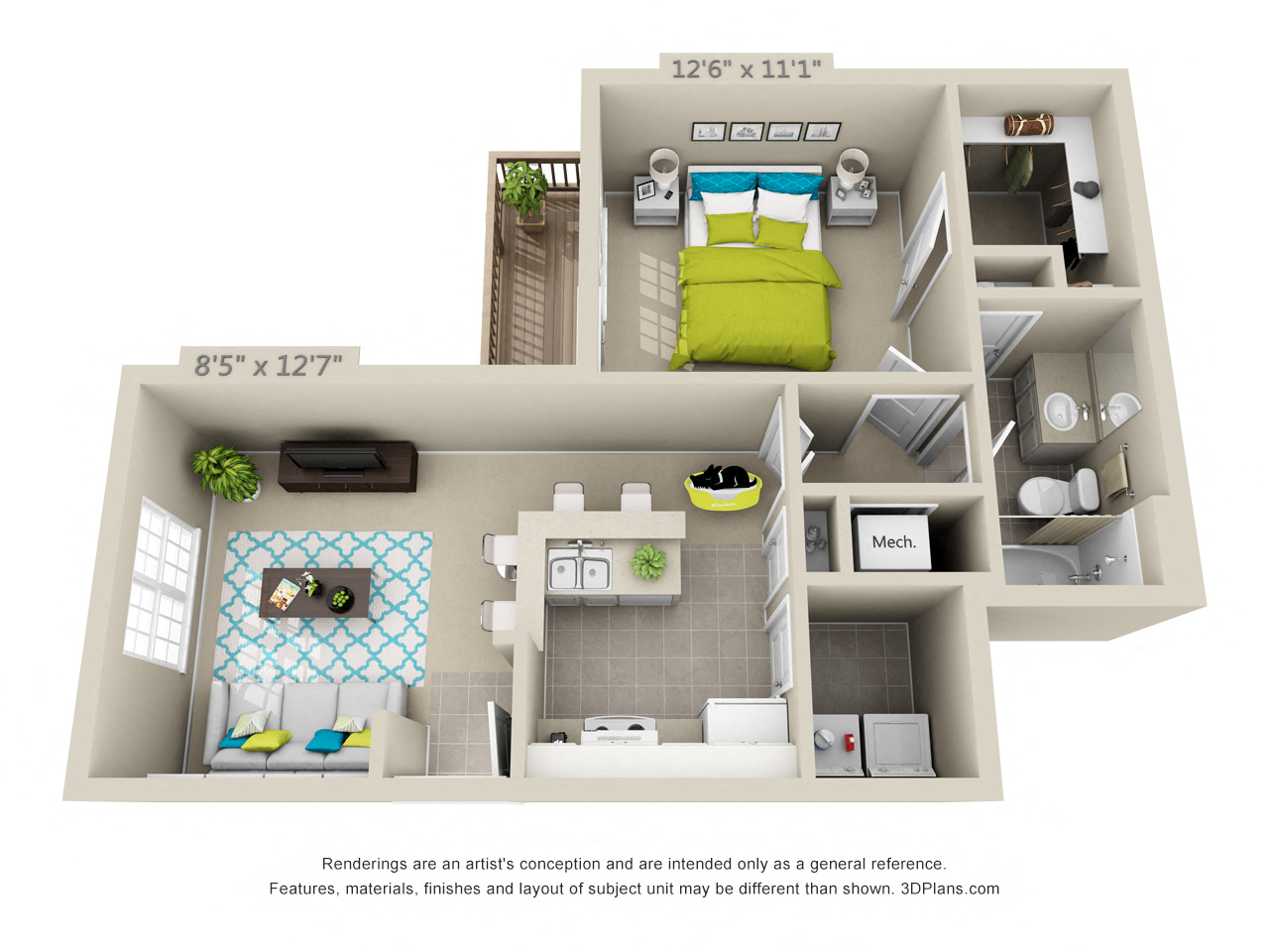 Floor plan for 1 bed, 1 bath, 700 sqft